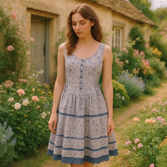 Dresses & Skirts - Cottagecore Prairie Dress Lace-Up Sides Blue Floral Print Romantic Fairytale